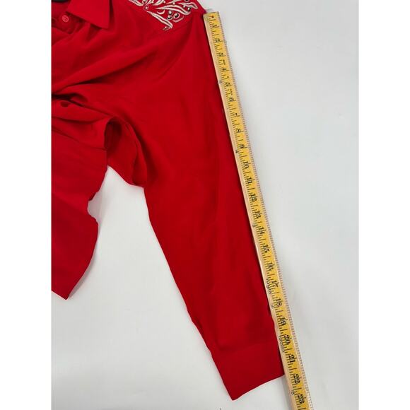 Vintage Della Roufogali Button Up Womens 14 Red Silver Western Rhinestone Silk - Picture 16 of 16